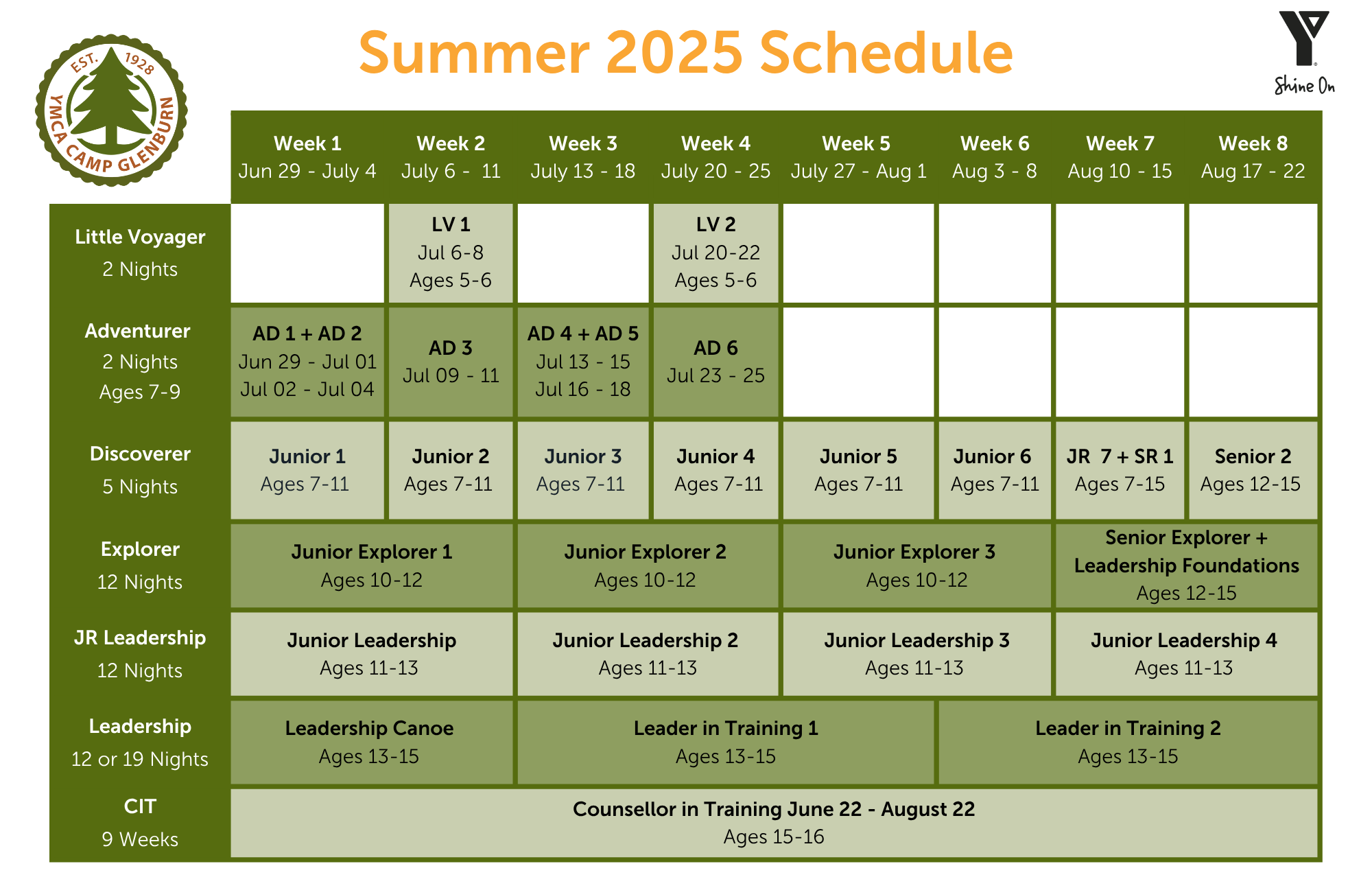 GB 2025 Summer Camp Schedule